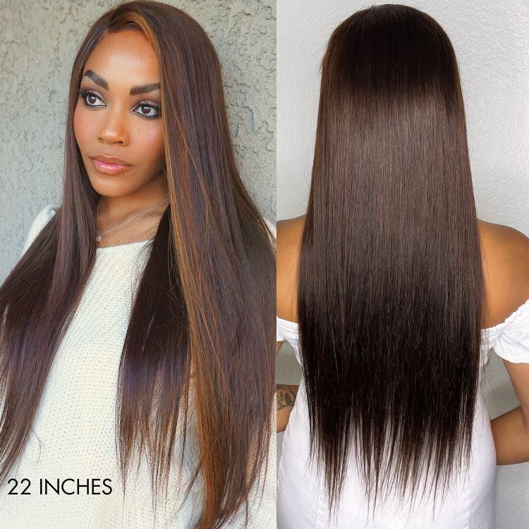 Brown with Blonde Highlight Silky Straight Glueless 5x5 Closure Lace Wig 100% Human Hair