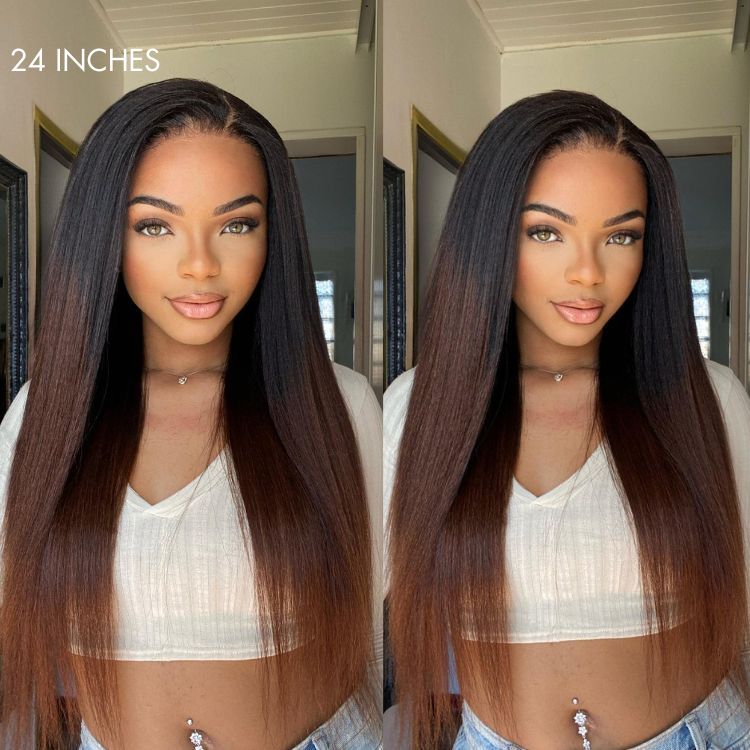 4C Edges | Natural Black / Ombre Brown Kinky Edges Kinky Straight 5x5 Closure Glueless Long Wig 100% Human Hair