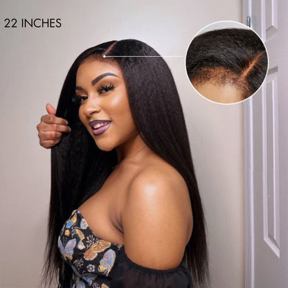 4C Edges | Natural Black / Ombre Brown Kinky Edges Kinky Straight 5x5 Closure Glueless Long Wig 100% Human Hair