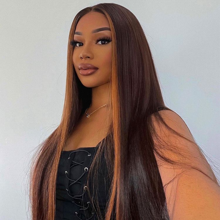 Brown with Blonde Highlight Silky Straight Glueless 5x5 Closure Lace Wig 100% Human Hair