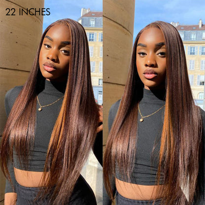 Brown with Blonde Highlight Silky Straight Glueless 5x5 Closure Lace Wig 100% Human Hair