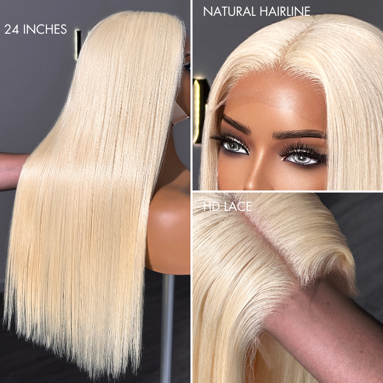 Easily Redyed 613 Silky Straight 5x5 Closure HD Lace Glueless Mid Part Long Wig 100% Human Hair