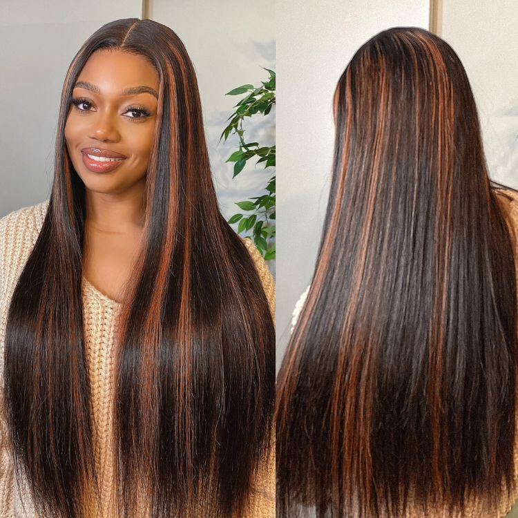 Classic Copper Ombre Highlights Silky Straight Glueless 5x5 Closure Lace Wig