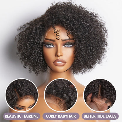 4C Edges | Kinky Edges Jerry Curly 5x5 Closure Lace Glueless Side Part Short Wig 100% Human Hair