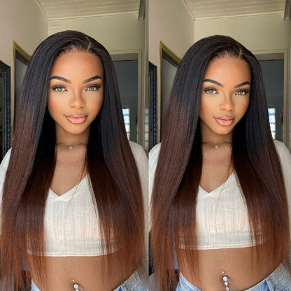 4C Edges | Natural Black / Ombre Brown Kinky Edges Kinky Straight 5x5 Closure Glueless Long Wig 100% Human Hair