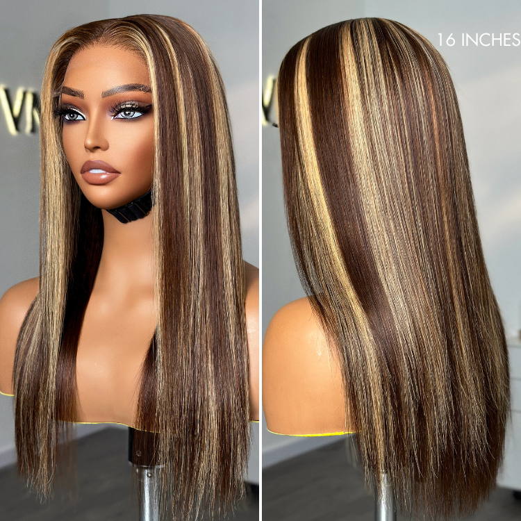 Honey Blonde Highlight Silky Straight Glueless 5x5 Closure HD Transparent Lace Long Wig