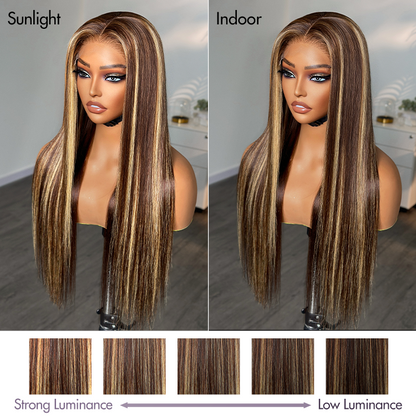 Honey Blonde Highlight Silky Straight Glueless 5x5 Closure HD Transparent Lace Long Wig