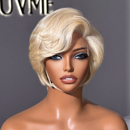 613 Blonde Pixie Cut Glueless Minimalist HD Lace C Part Short Wig 100% Human Hair