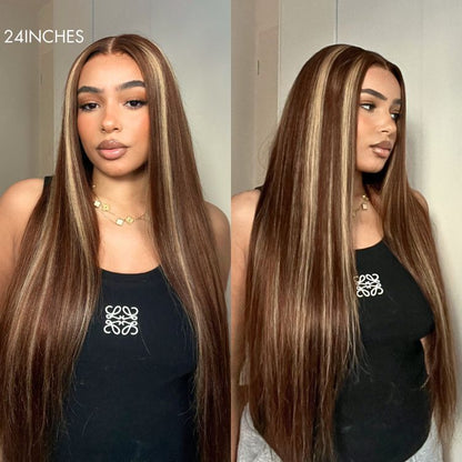 Honey Blonde Highlight Silky Straight Glueless 5x5 Closure HD Transparent Lace Long Wig