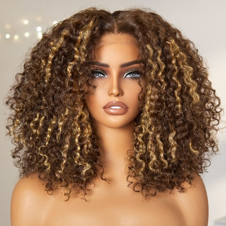 1 SEC INSTALL WIG | Honey Blonde Highlight Kinky Curly Glueless 5x5 Closure HD Lace Wig Breathable Cap